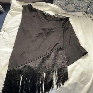 New BCBGMaxAzria black one shoulder fringed top